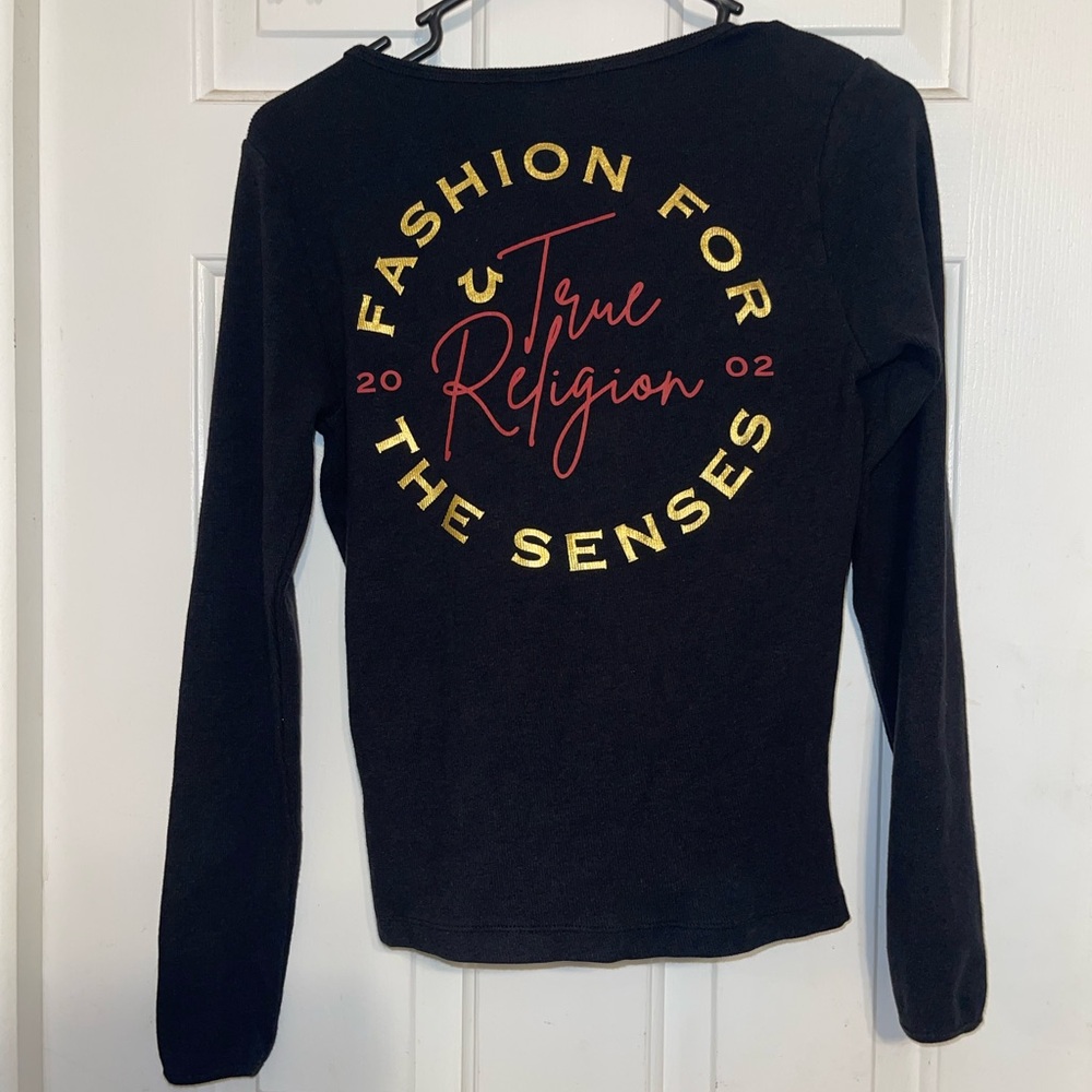 Y2k True Religion Black Long Sleeve Top with Gold Accents henley top